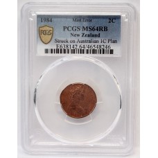 NEW ZEALAND 1984 . TWO 2 CENTS COIN . MINT ERROR . STRUCK ON 1c PLAN